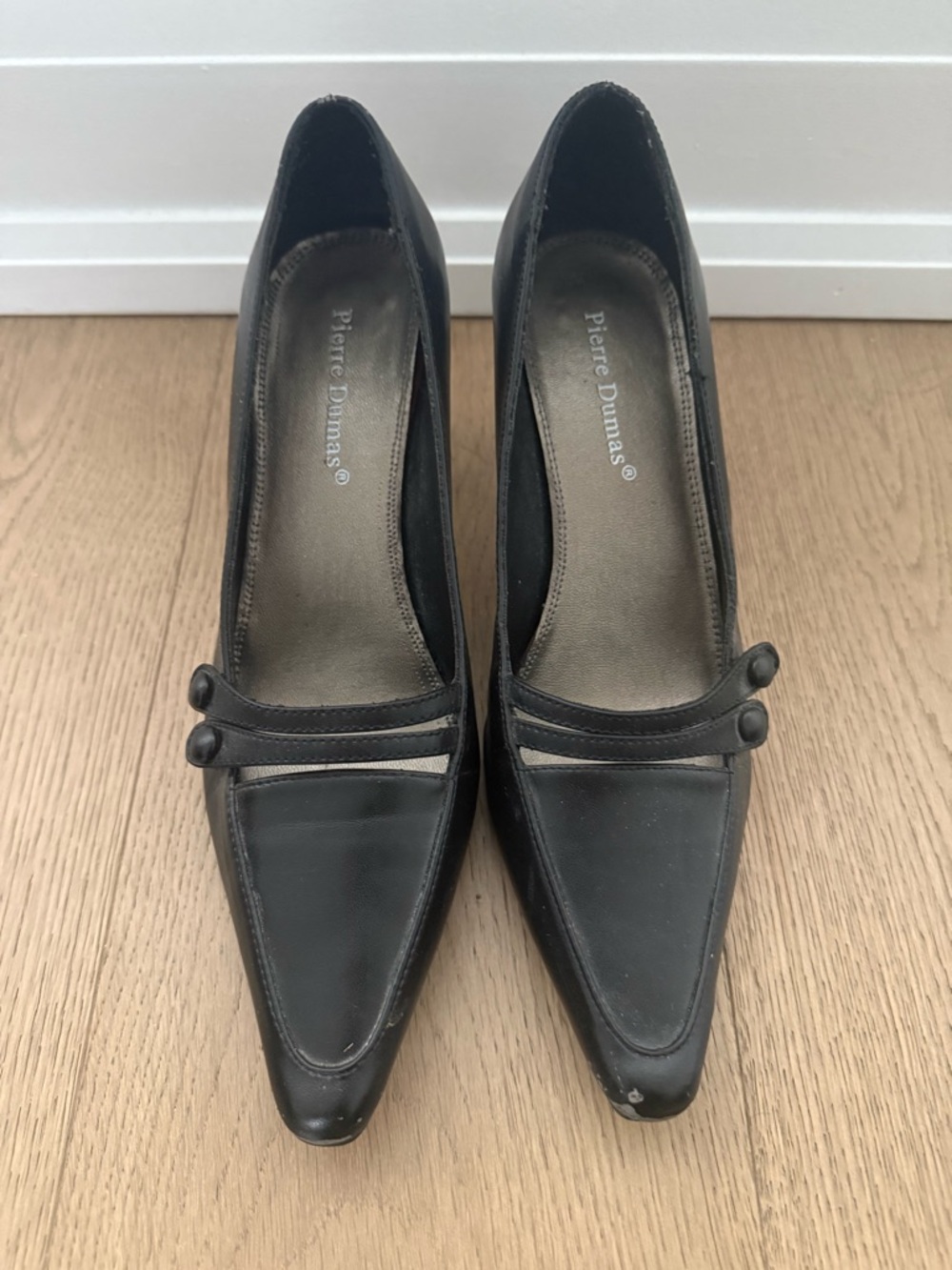 Pierre Dumas Black Pointed Toe Low Heel Pumps with Strap Detail